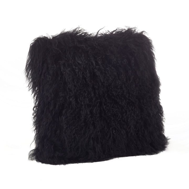 SARO LIFESTYLE 100% Wool Mongolian Lamb Fur Throw Pillow with Poly Filling 16" 16 X 16 - Black