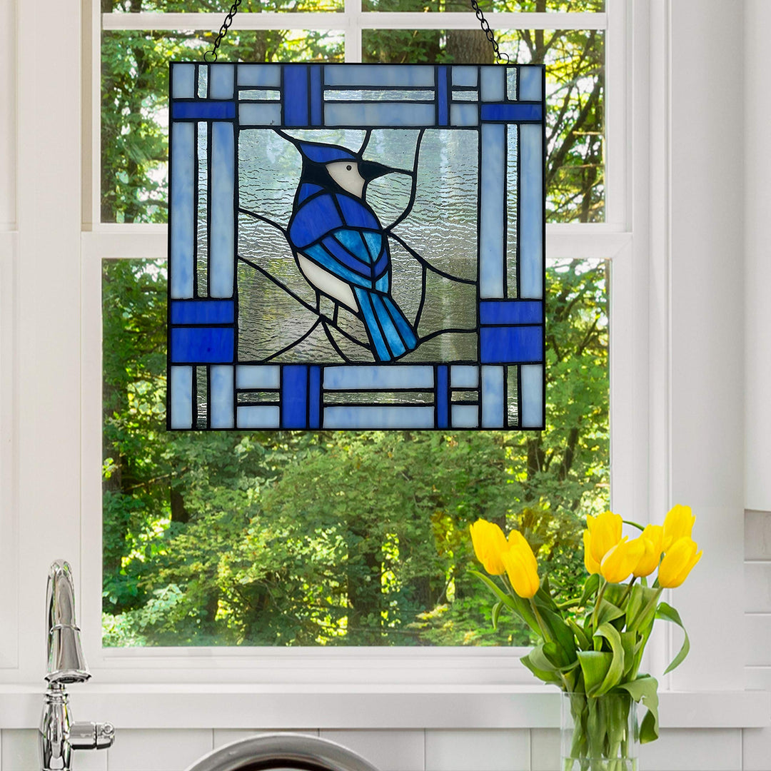 11" h The Blue Jay Stained Glass Window Panel 11" X 0.25" Traditional Square - Diamond Home USA