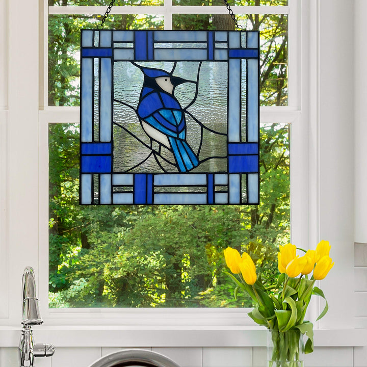 11" h The Blue Jay Stained Glass Window Panel 11" X 0.25" Traditional Square - Diamond Home USA
