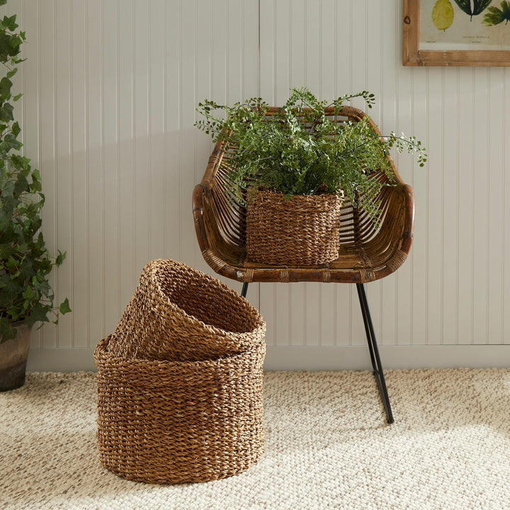 Seagrass Round Baskets With Cuffs Set Of 3 - Diamond Home USA
