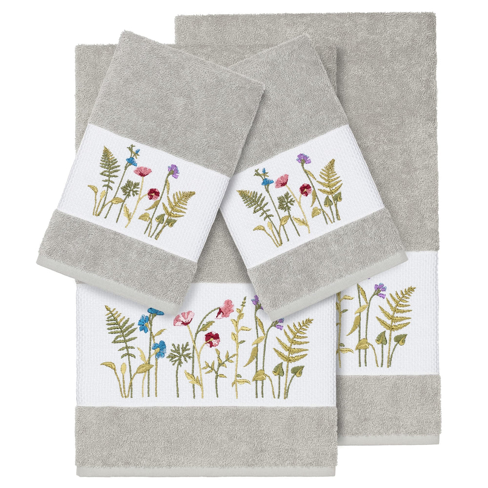 Authentic Hotel and Spa Grey Turkish Cotton Wildflowers Embroidered 4 Piece - Diamond Home USA