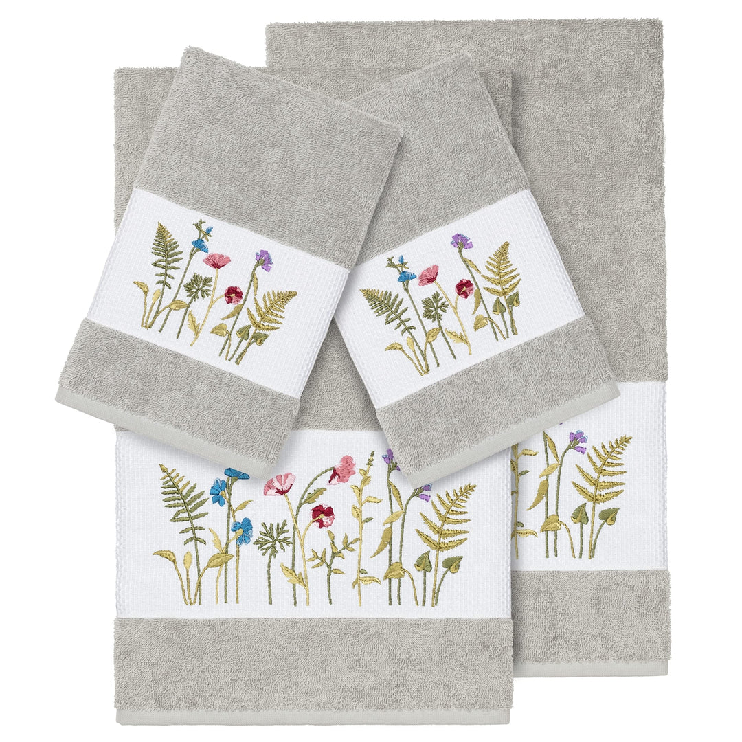 Authentic Hotel and Spa Grey Turkish Cotton Wildflowers Embroidered 4 Piece - Diamond Home USA