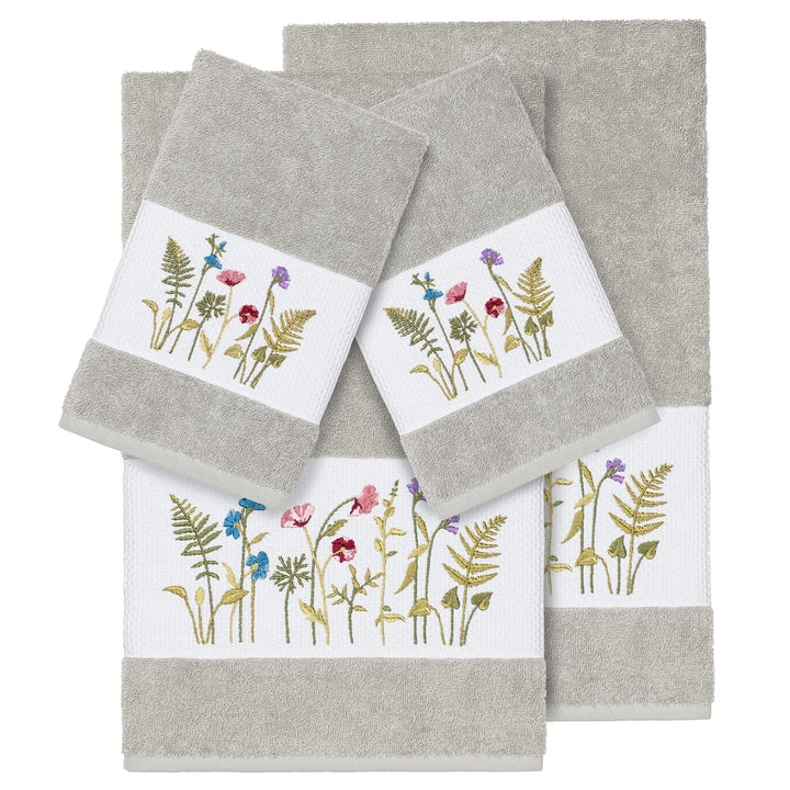 Authentic Hotel and Spa Grey Turkish Cotton Wildflowers Embroidered 4 Piece - Diamond Home USA
