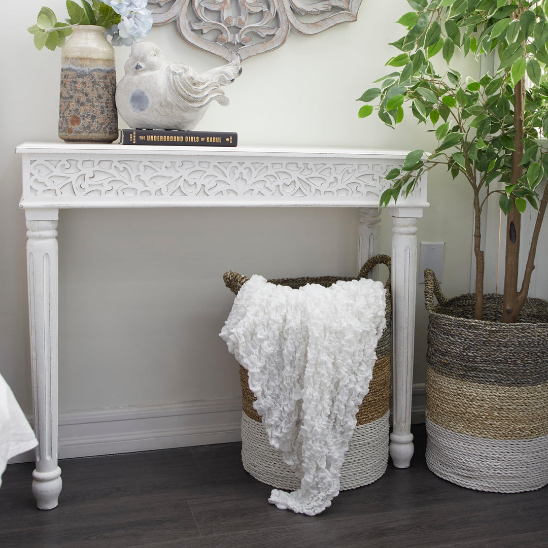 White Wood Carved Scroll Console Table Farmhouse