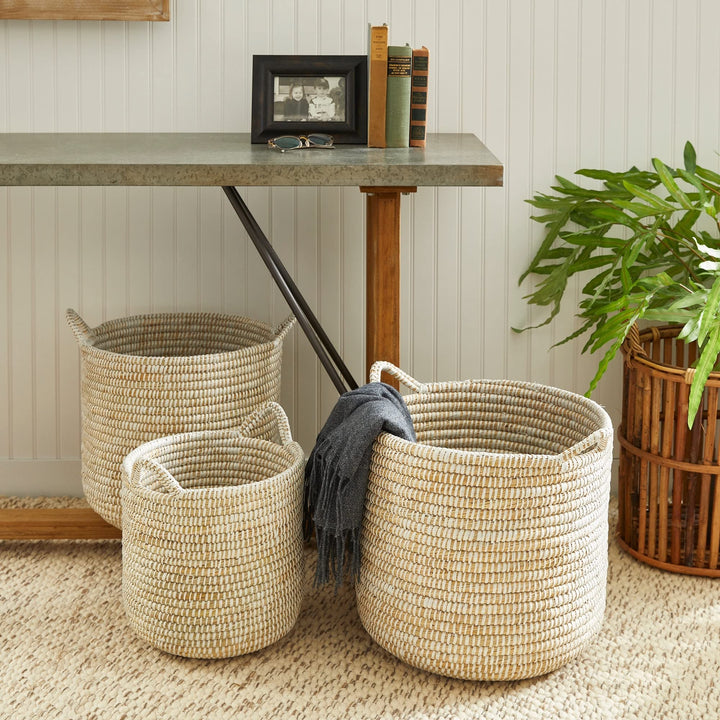 Rd Baskets W/hndles St/3 White Wicker - Diamond Home USA
