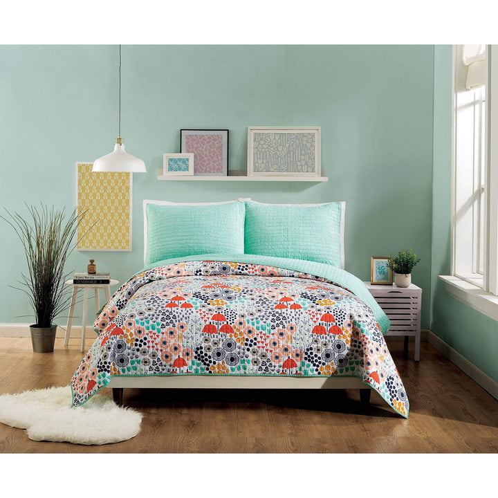 Pink Blue Flower Theme Bedding Quilt Set Queen Floral Pattern French Country
