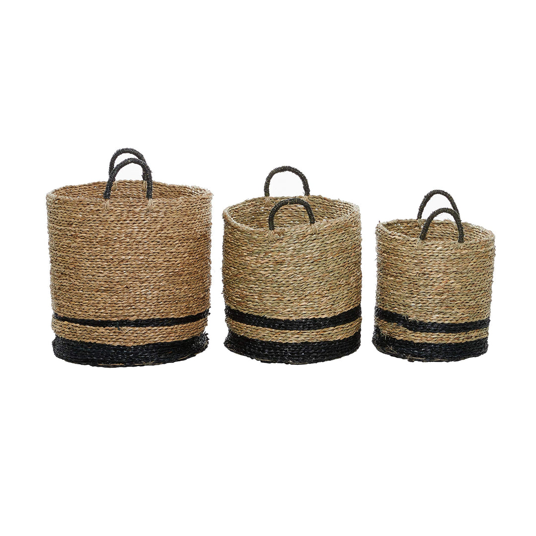 Woven Striped Round Seagrass Baskets With Handles Set Of 3 15" 17" 18" 16 X - Diamond Home USA