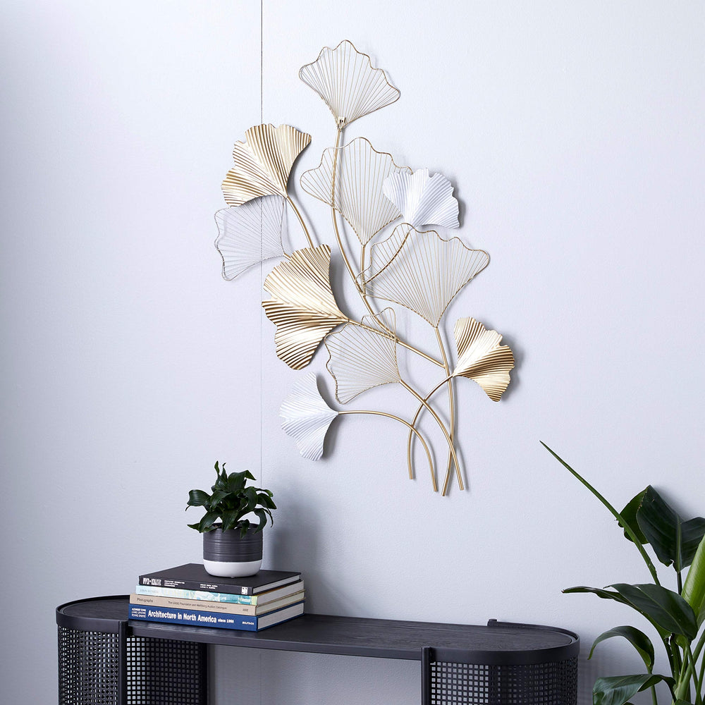 Large Metal White And Gold Leaf Wall 25" X 40" Multi Color Transitional - Diamond Home USA