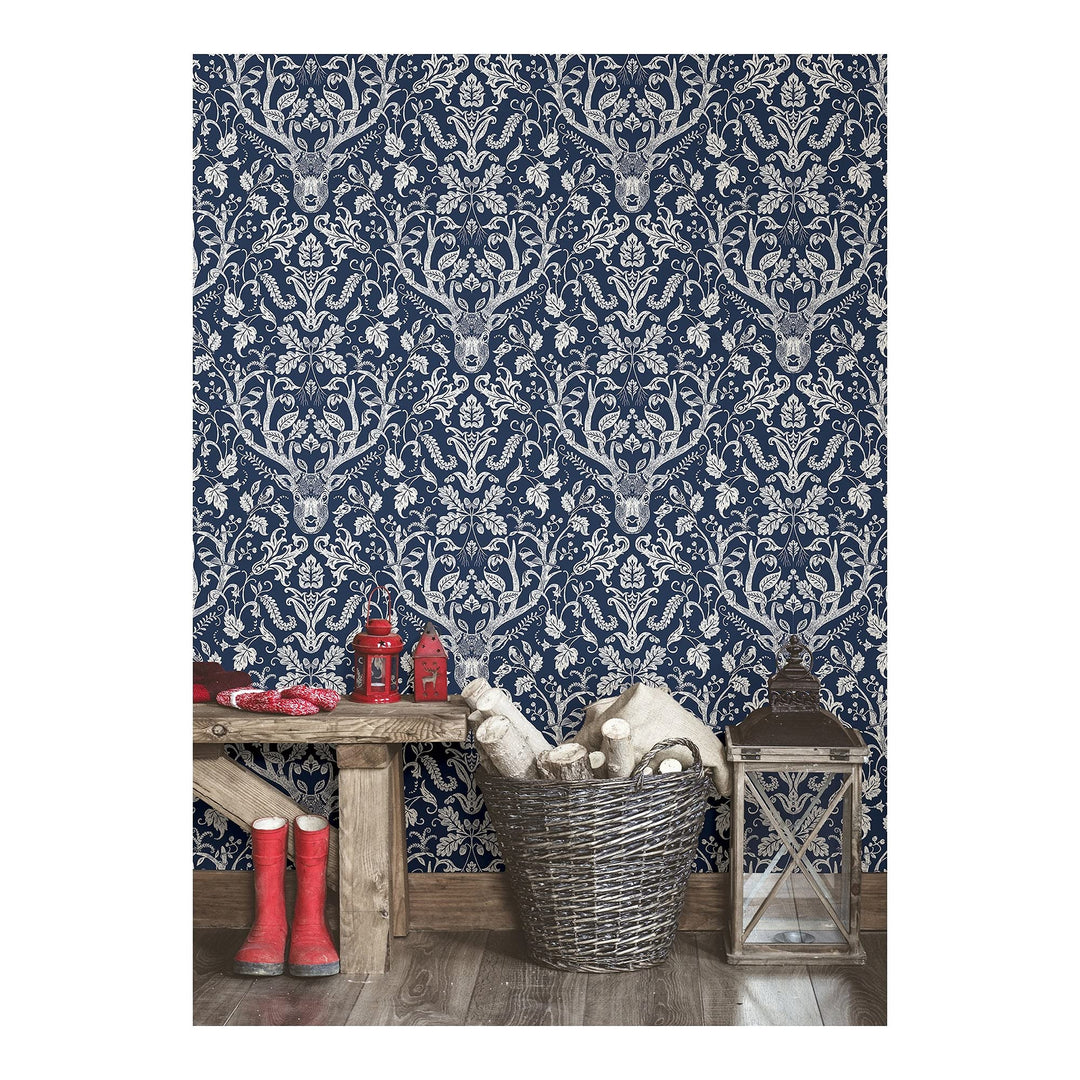 Navy Escape to The Forest Peel Stick W X 20.5in Blue Damask Wildlife Vinyl - Diamond Home USA