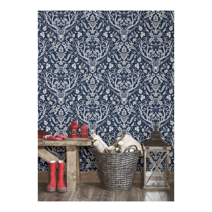 Navy Escape to The Forest Peel Stick W X 20.5in Blue Damask Wildlife Vinyl - Diamond Home USA