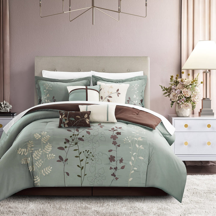 8-Piece Embroidered Comforter Set Sage Green Floral Modern Contemporary Sage - King - 8 Piece