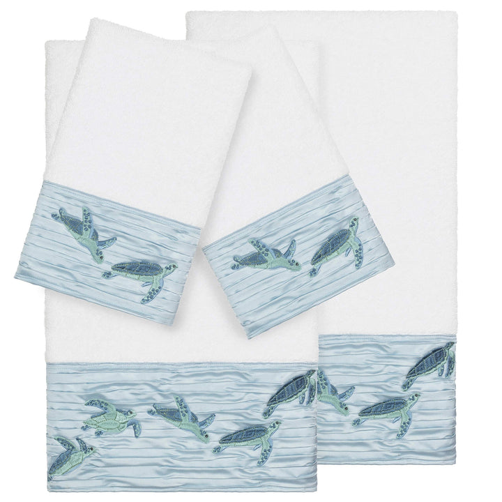 Turkish Cotton Turtles Embroidered White 4-Piece Towel Set Blue Terry Cloth
