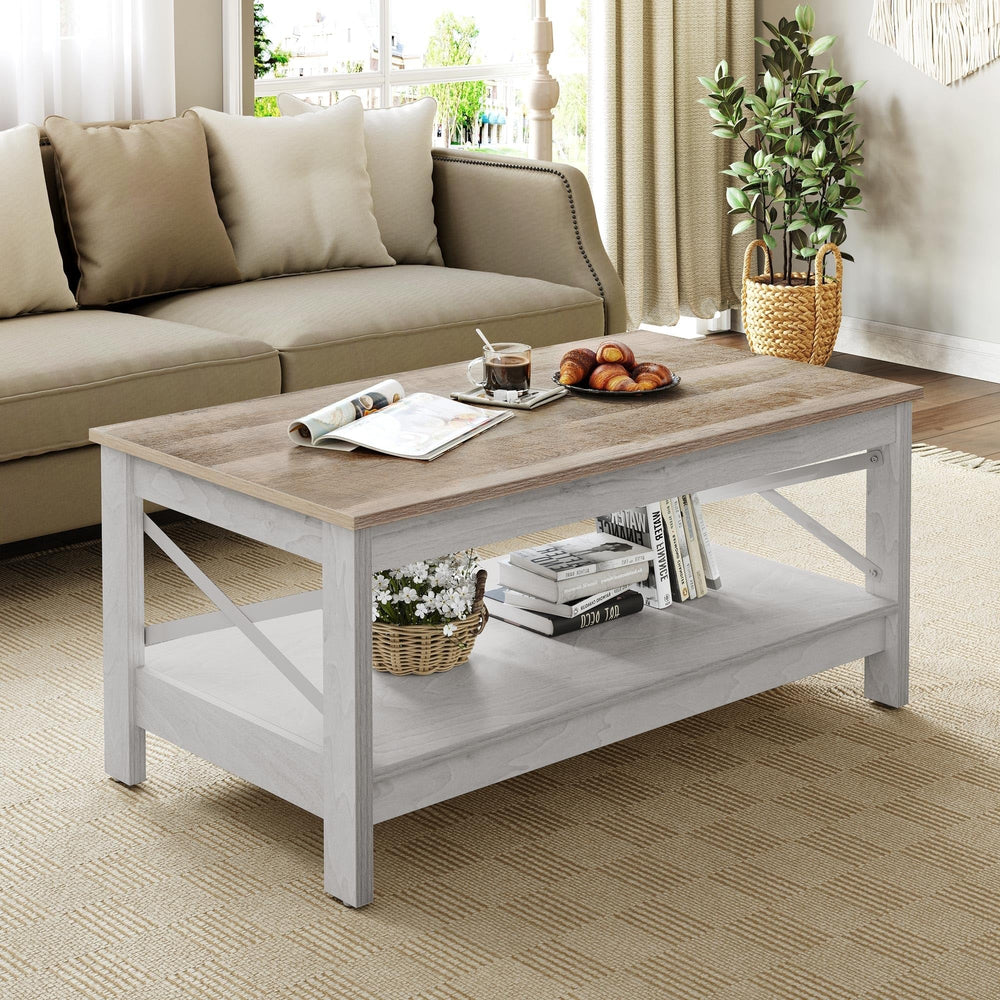 Farmhouse offee Table with Storage 2-Tier enter for Living Room White Modern Grey Wash Top+White - Diamond Home USA