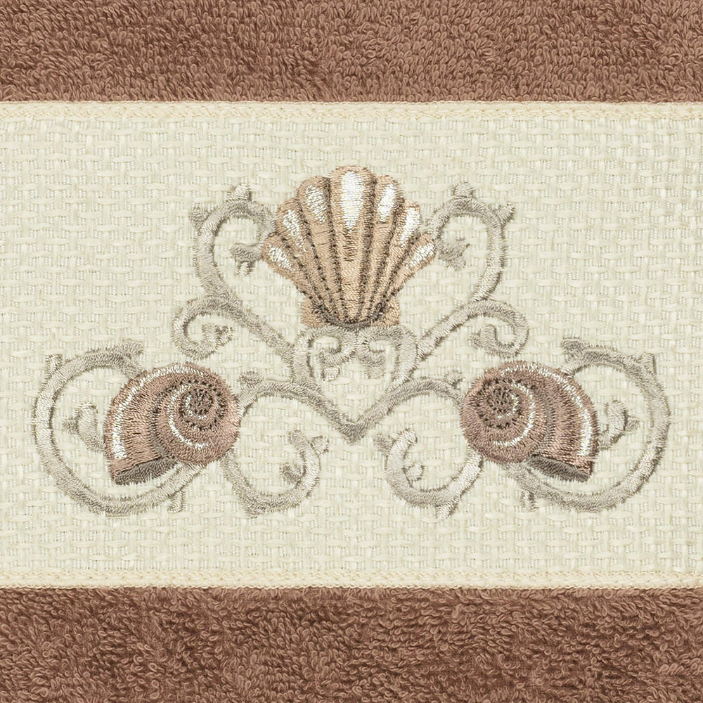 Turkish Cotton Shells Embroidered Latte Brown 4-Piece Hand Towel Set Terry Cloth - Diamond Home USA