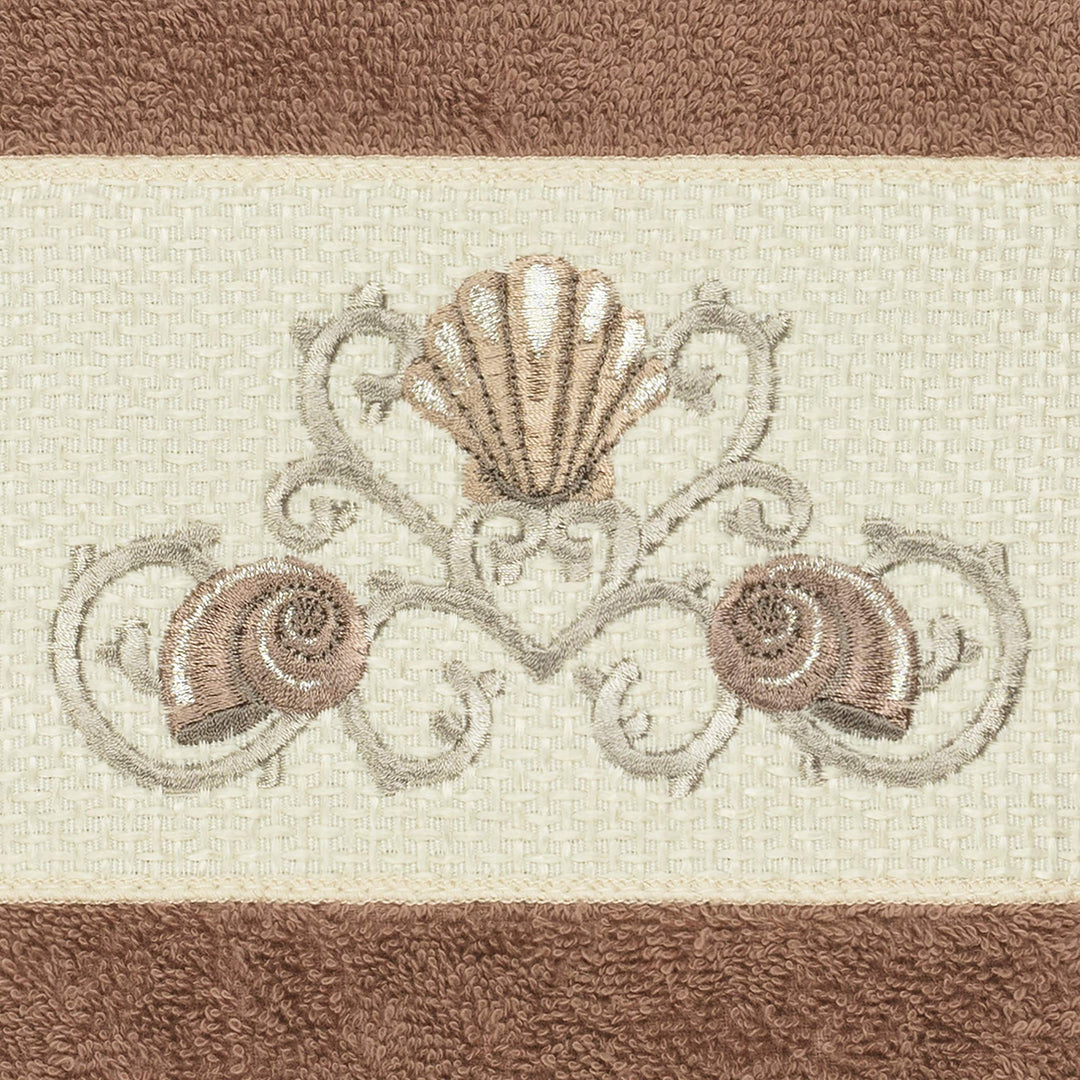 Turkish Cotton Shells Embroidered Latte Brown 4-Piece Hand Towel Set Terry Cloth - Diamond Home USA