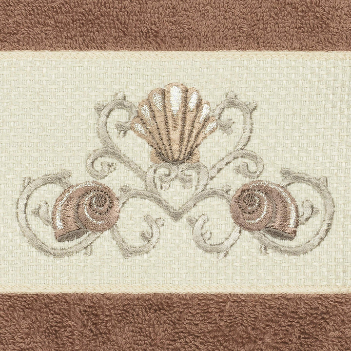 Turkish Cotton Shells Embroidered Latte Brown 4-Piece Hand Towel Set Terry Cloth - Diamond Home USA
