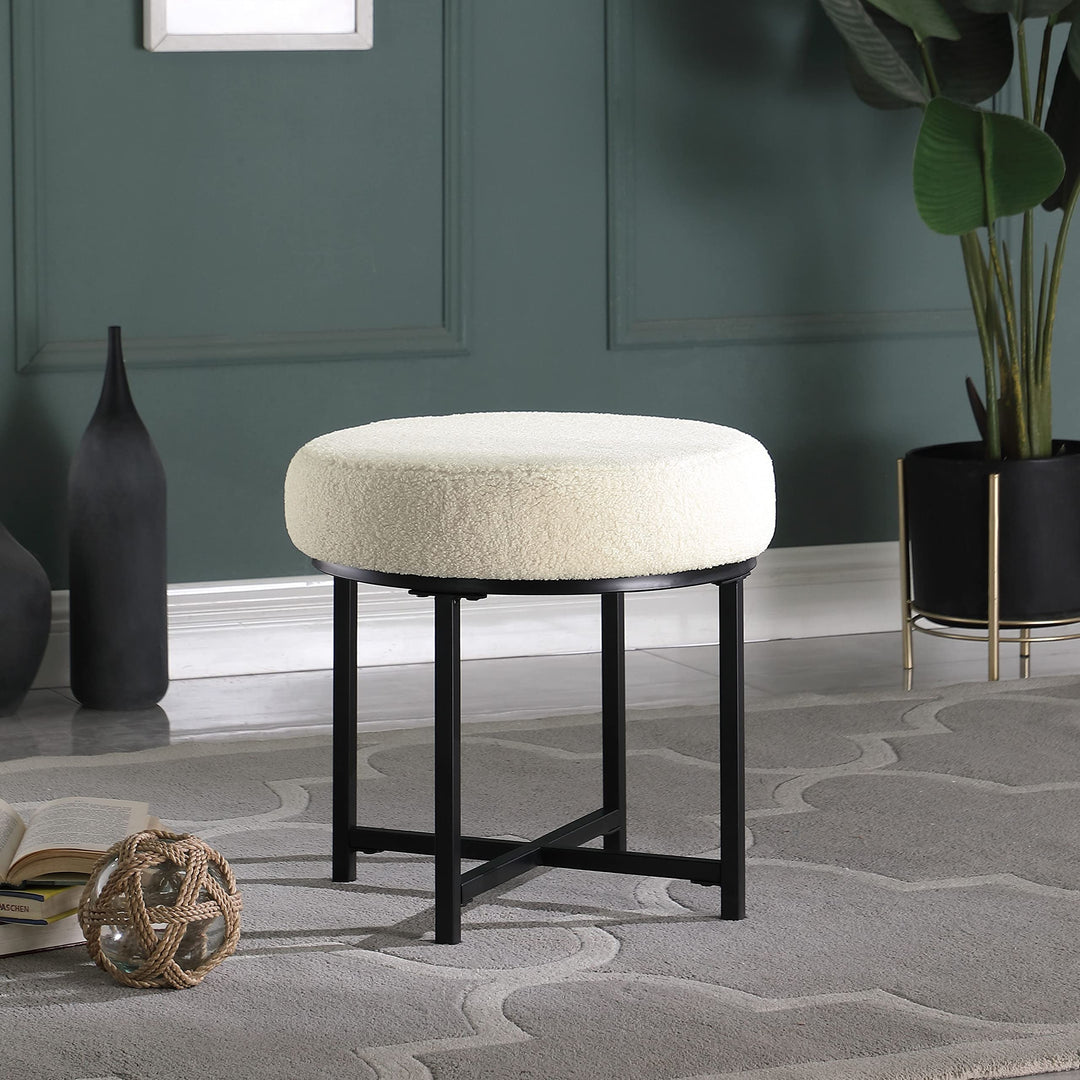 Round Metal Ottoman Cream Sheepskin Solid Transitional Acrylic Ivory