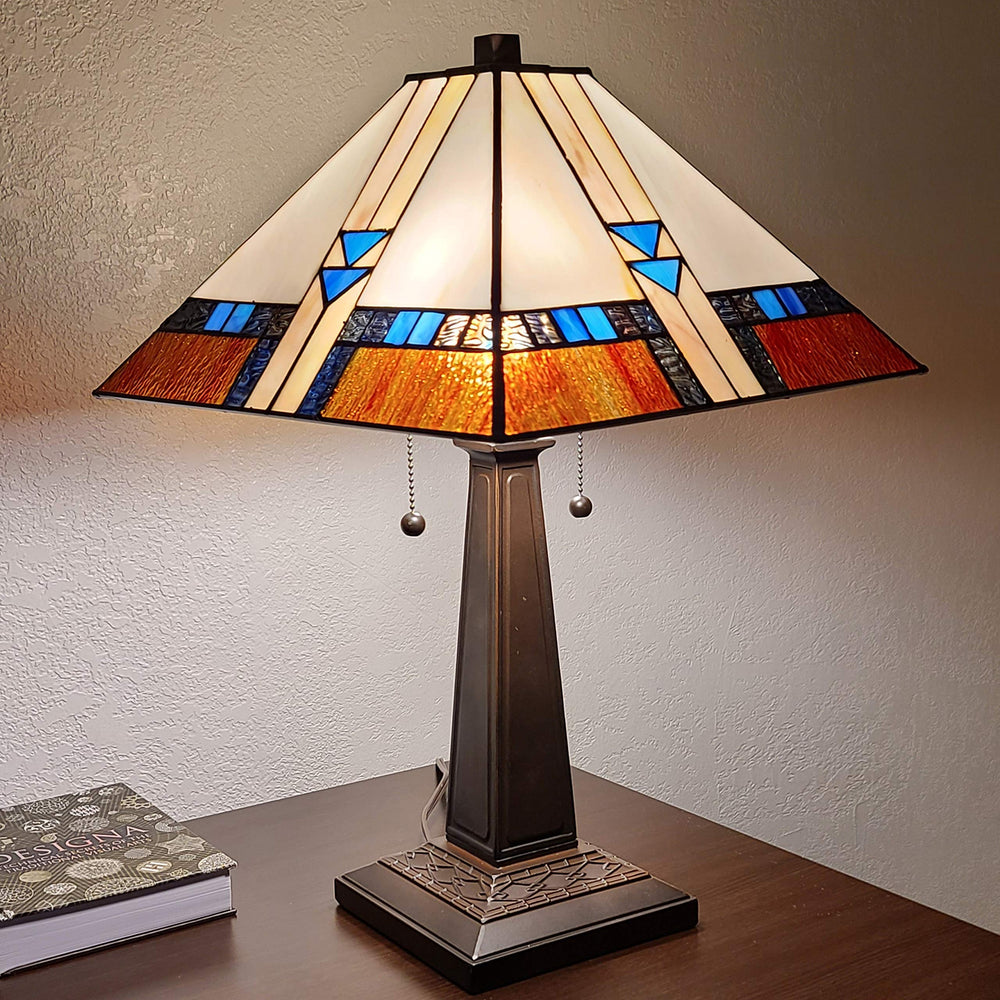 Tiffany Style Table Lamp Mission 23" Tall Stained Glass Blue White Brown Vintage Multi-colored - Diamond Home USA