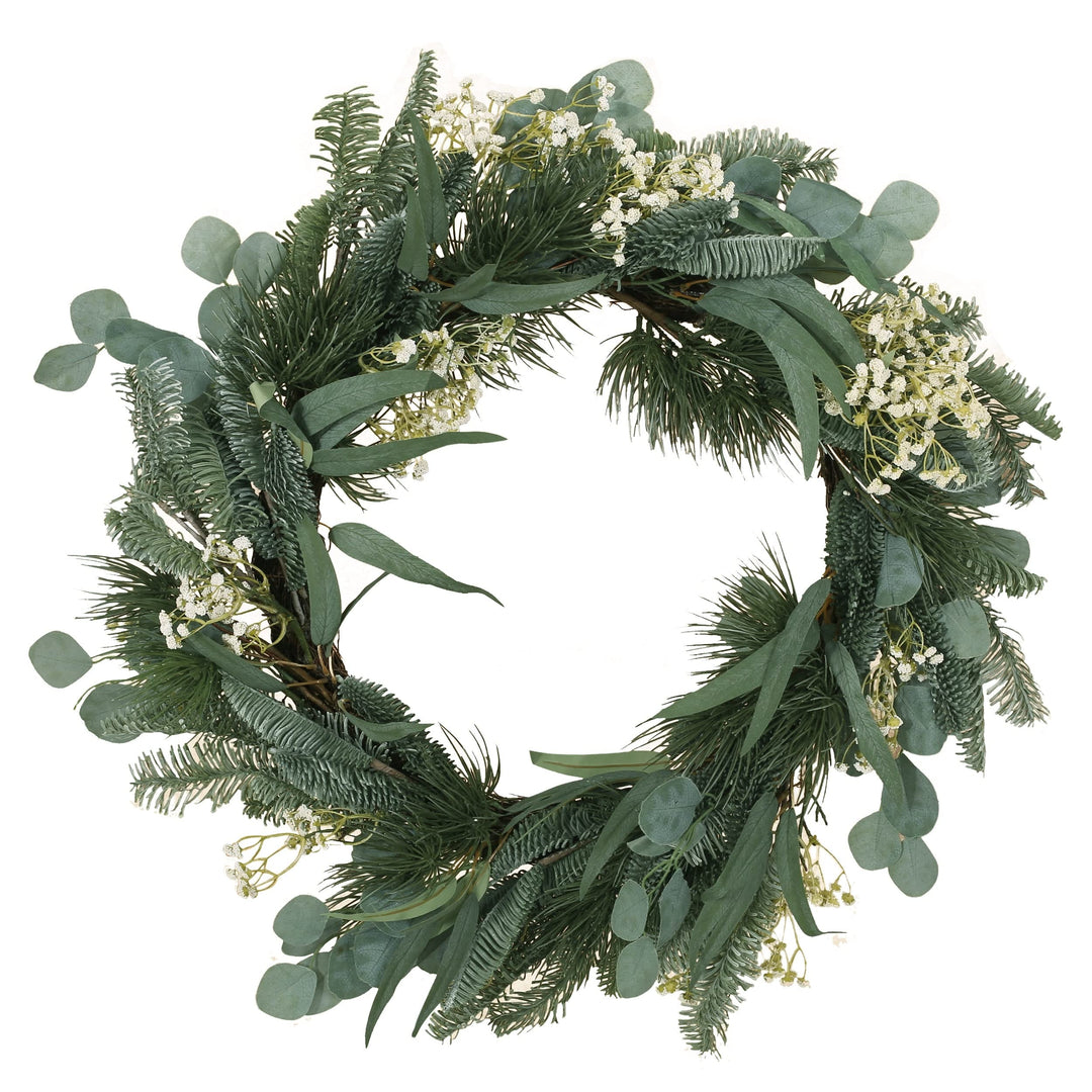 30 inch Eucalyptus and Pine Artificial Silk Wreath with Baby's Breath Green + - Diamond Home USA