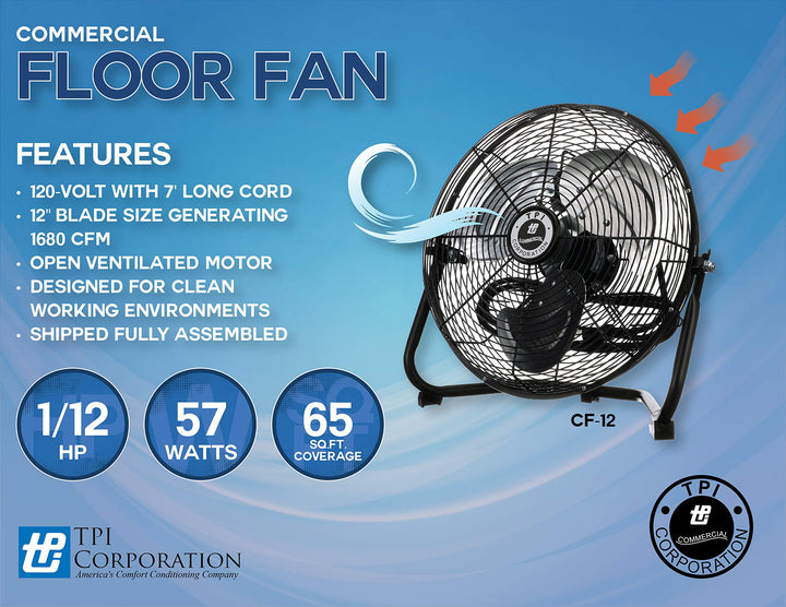 TPI Corporation CF12 3-Speed Commercial Floor Fan - 12” High-Velocity - Diamond Home USA