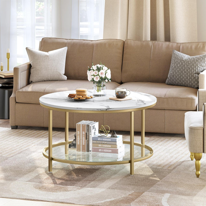 White Marble Pattern Round Coffee Table with Glass 2-Tier Circle Gold Frame White/Gold - Diamond Home USA