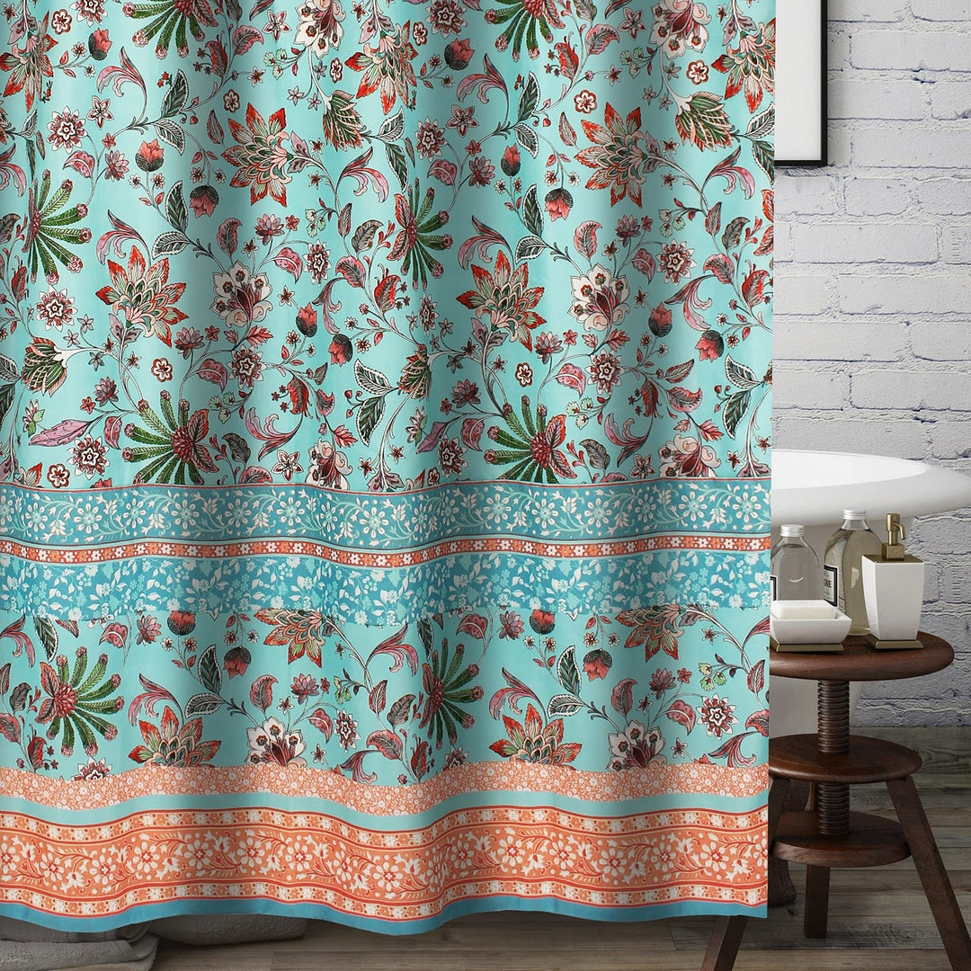 Bath Shower Curtain Blue Green Pink Border Botanical Floral Bohemian Eclectic
