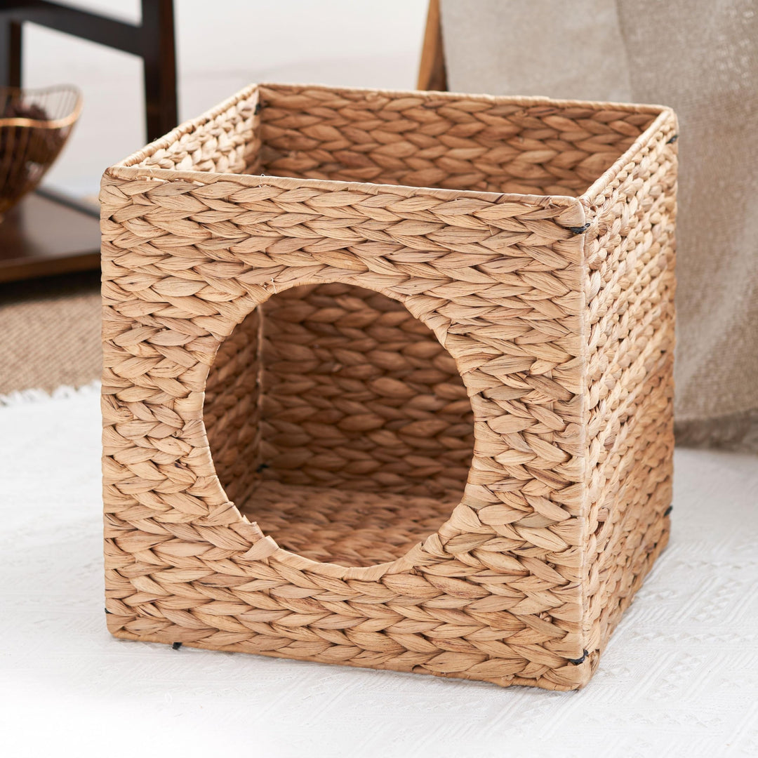 Water Folding Woven Wicker Square Cat Bed Cave 13" X Brown Cotton Spot Clean