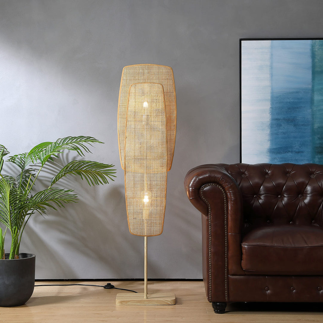 Floor Lamp 2-Light with Bamboo Wicker Panels Wood Finish Beige Bohemian Eclectic - Diamond Home USA