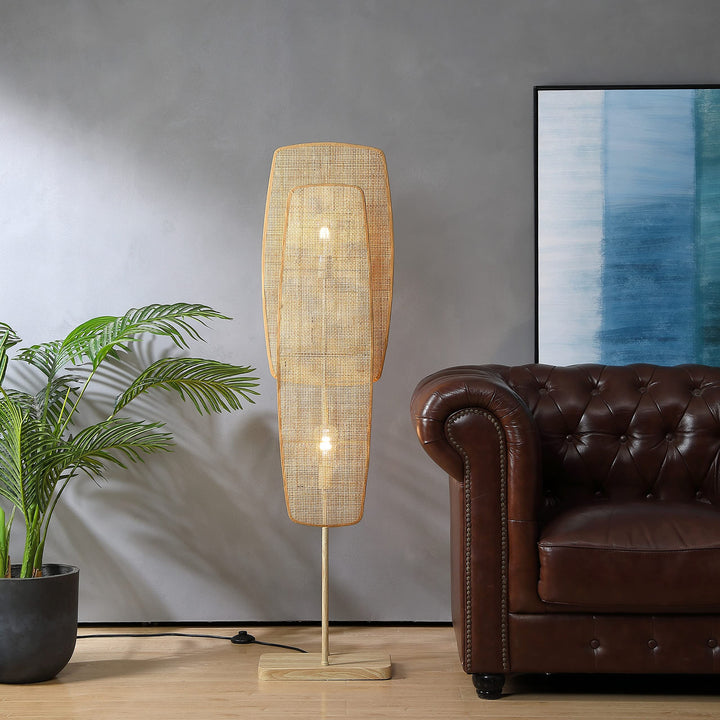 Floor Lamp 2-Light with Bamboo Wicker Panels Wood Finish Beige Bohemian Eclectic - Diamond Home USA
