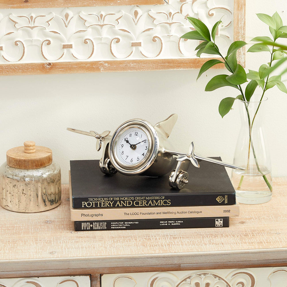 Silver Airplane Table Clock 15.75" X 6" 16 X 6 - Diamond Home USA