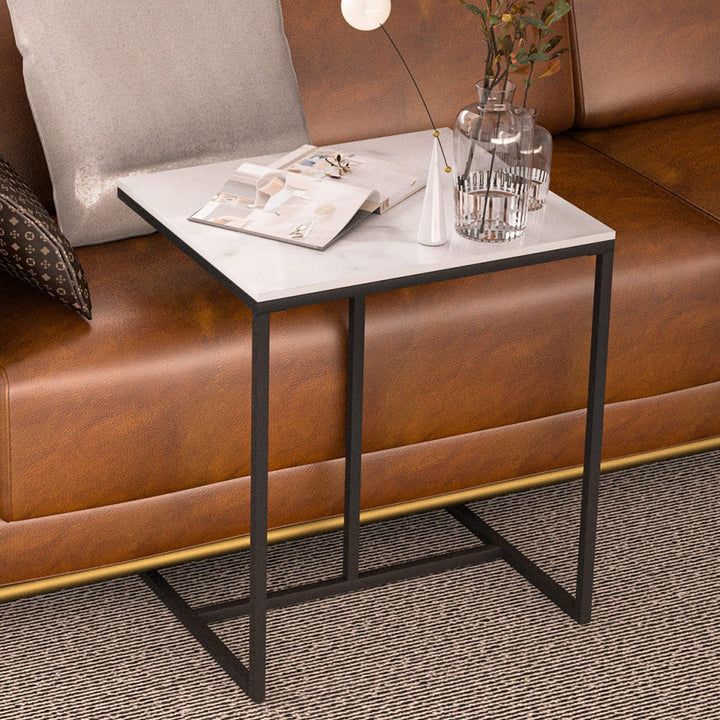 Heavy Duty Marble Top C Shaped Side End Table Sofa Bedside Black Modern
