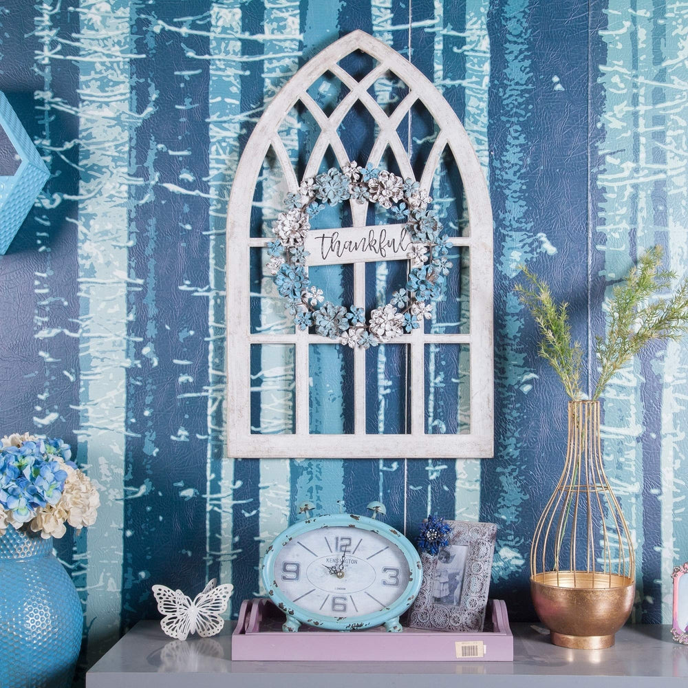 Metal and Wood Thankful Cathedral Window Wall Decor Blue White Shabby Chic - Diamond Home USA