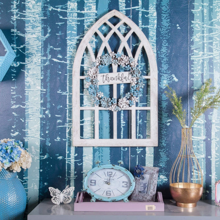 Metal and Wood Thankful Cathedral Window Wall Decor Blue White Shabby Chic - Diamond Home USA
