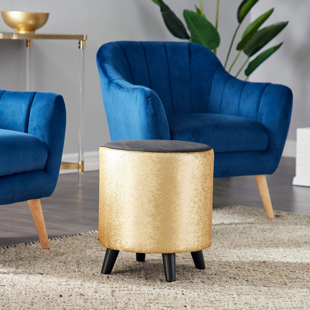 Polyester Gold and Black Sequin Accent Stool with Wooden Legs 16" X 17" 16 X - Diamond Home USA