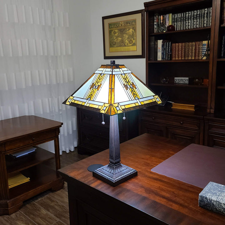 Tiffany Style Table Lamp Banker Mission 23" Tall Stained Glass White Tan Brown - Diamond Home USA