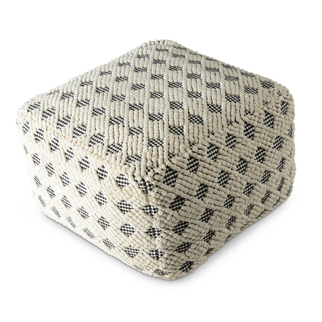 Pouf Ottoman Black Natural Patterned Transitional Pattern Square Cotton Handmade - Diamond Home USA