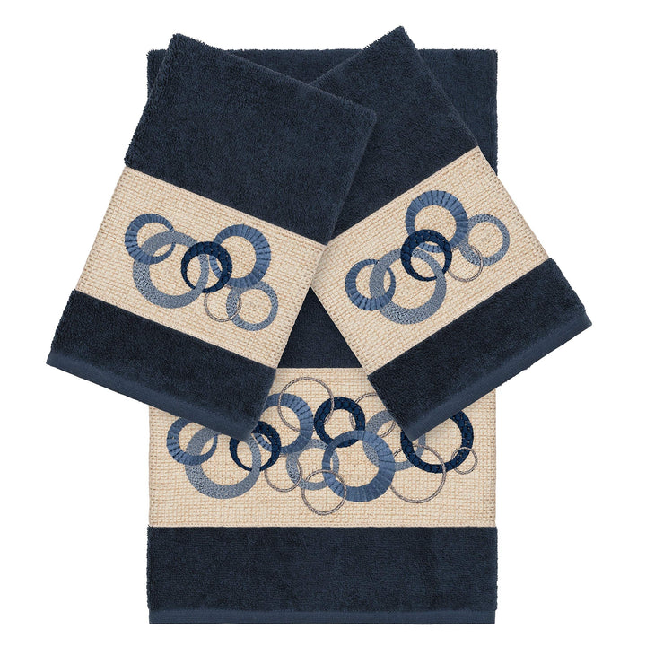 Turkish Cotton Circles Embroidered Midnight Blue 3-Piece Towel Set Cloth