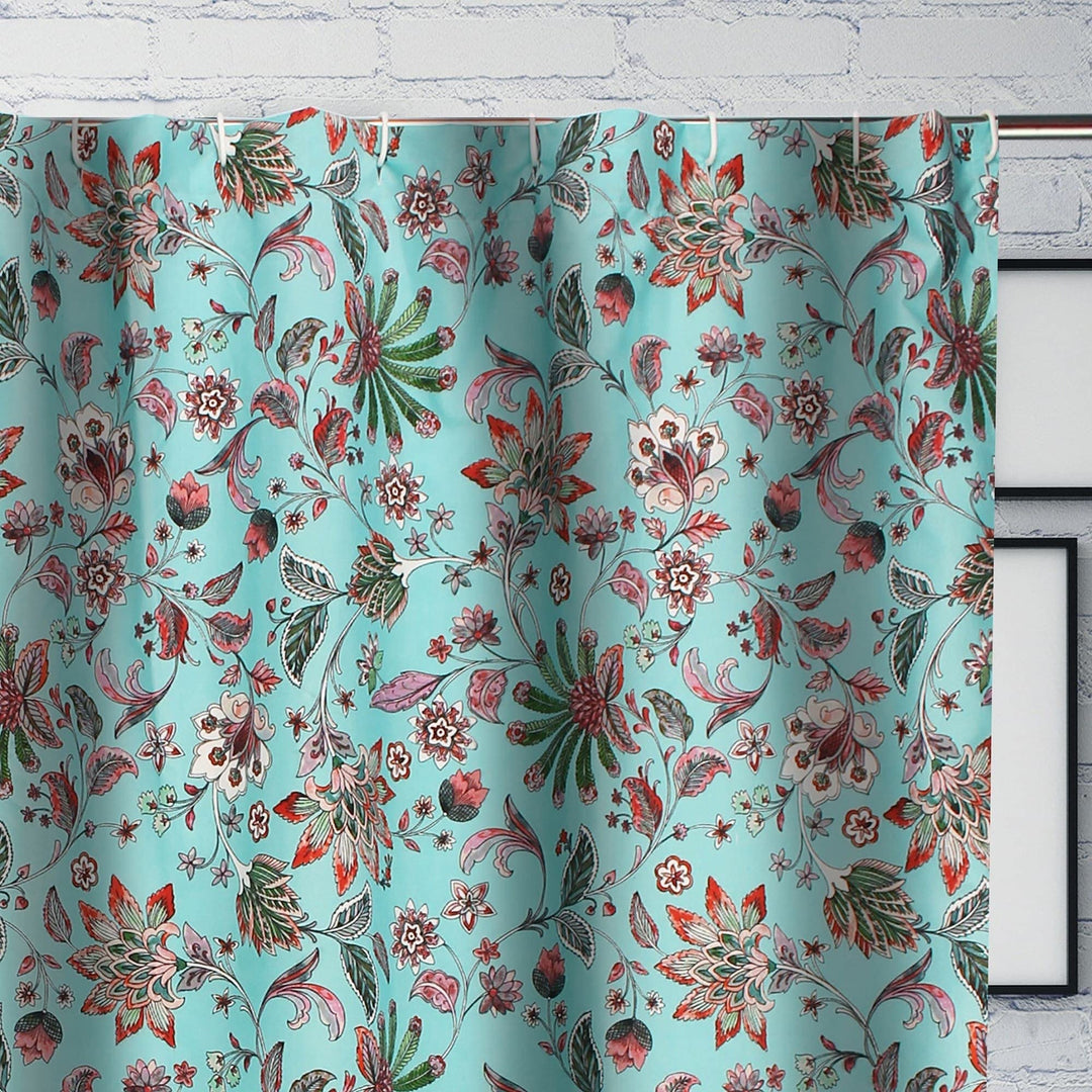 Bath Shower Curtain Blue Green Pink Border Botanical Floral Bohemian Eclectic - Diamond Home USA