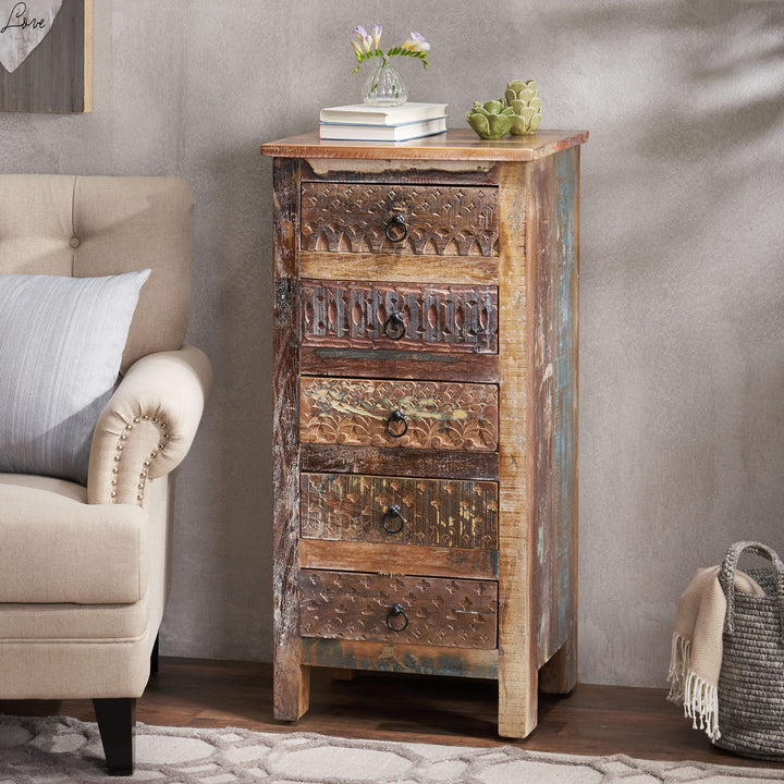 Christopher Knight Home Swint Boho Handmade Reclaimed Wood 5 Drawer Chest - Diamond Home USA