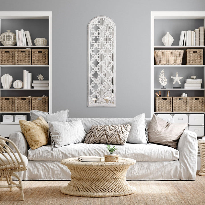 Distressed Reflective Arched White Lattice Wall Medallion 12" X 36" Bohemian