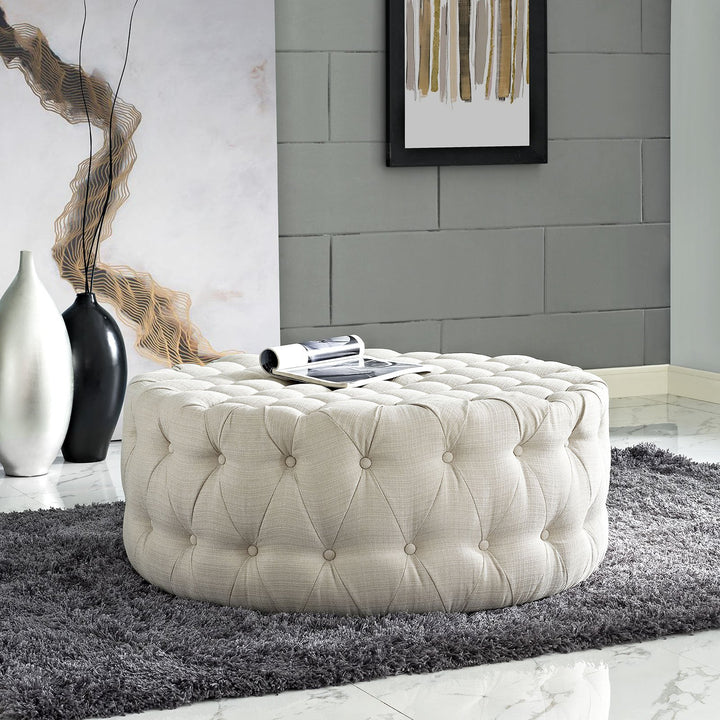 Modway Amour Fabric Upholstered Button-Tufted Round Ottoman Beige - Diamond Home USA