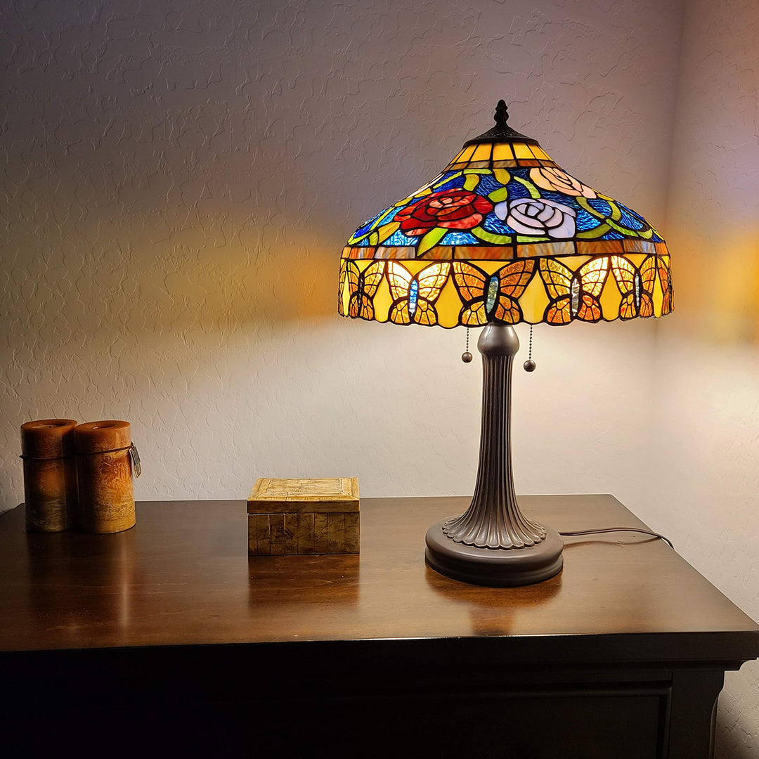 Tiffany Style Table Lamp Banker 23" Tall Stained Glass Red Green Tan Floral - Diamond Home USA