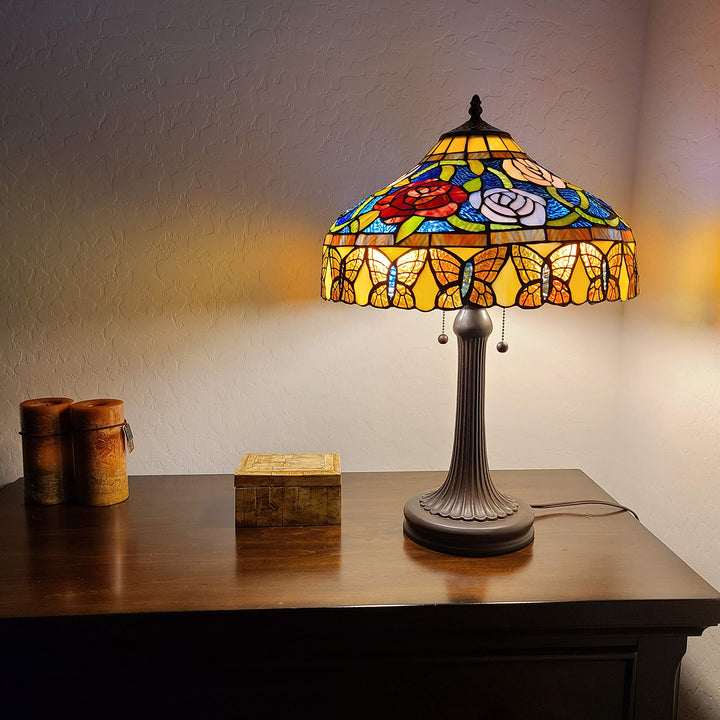 Tiffany Style Table Lamp Banker 23" Tall Stained Glass Red Green Tan Floral - Diamond Home USA