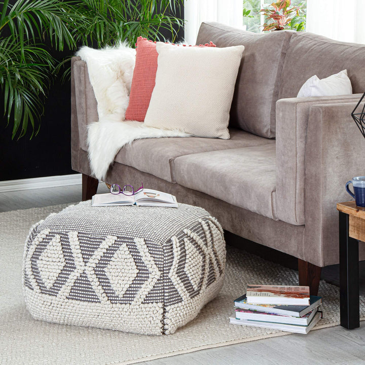 22" X 16" Gray Ivory Pouf Grey Off/White Bohemian Eclectic Modern Contemporary