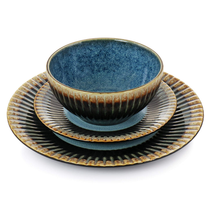 16 Piece Round Stoneware Dinnerware Set In Multi Color Blue Solid Casual - Diamond Home USA