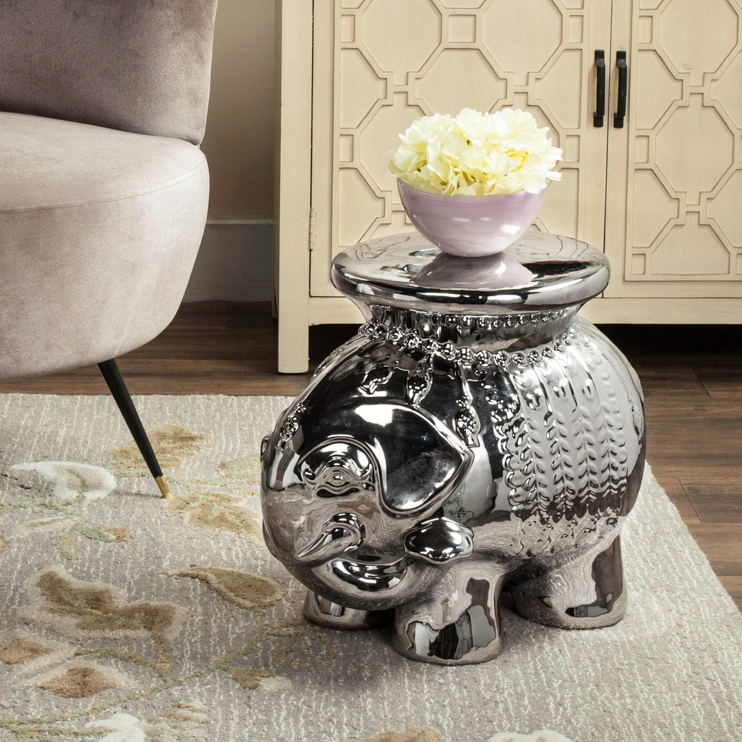 Paradise Elephant Silver Ceramic Garden Stool 19.8" X 14.3" 16.8" Oriental