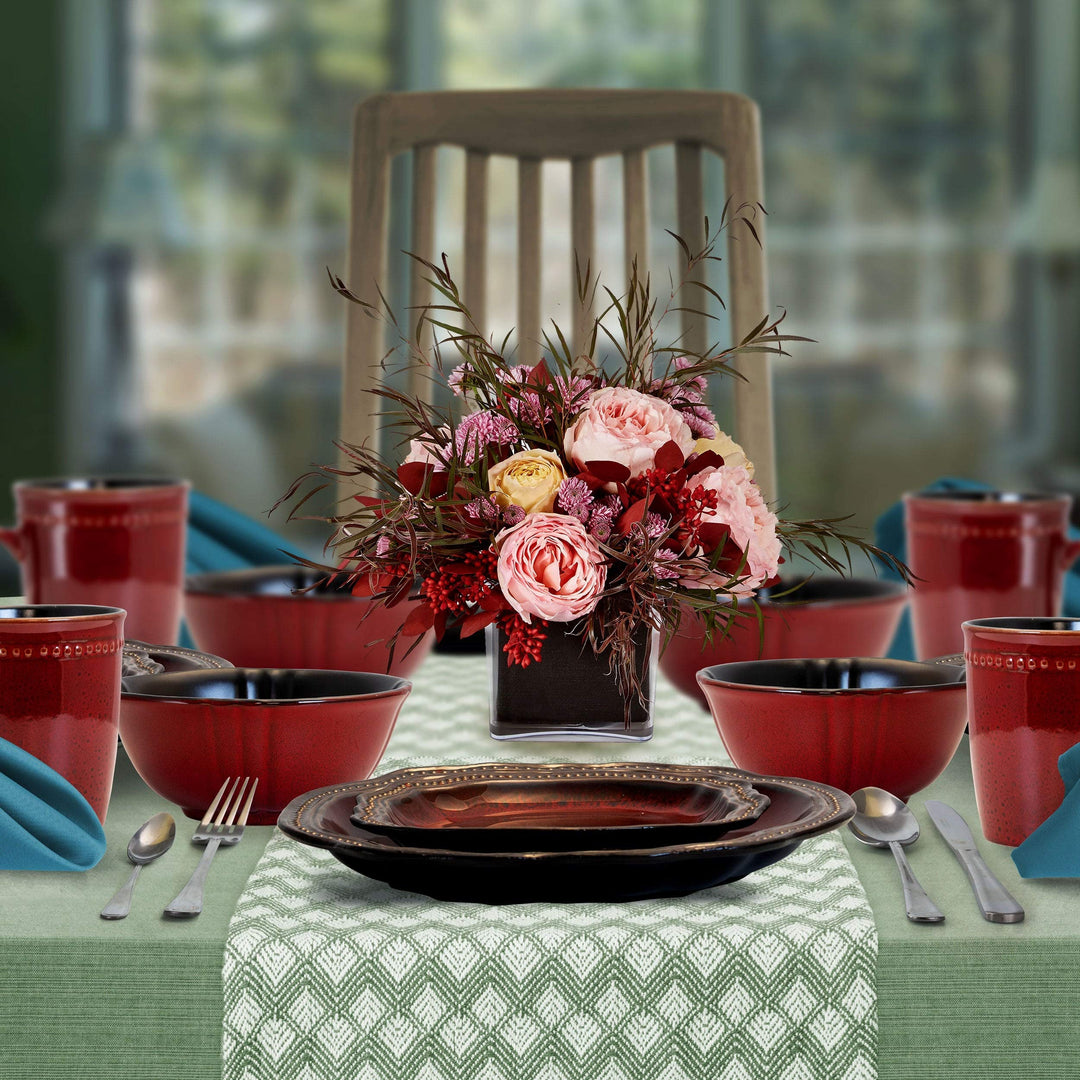16 Piece Stoneware Dinnerware Set in Red Textured Casual Round Microwave Safe - Diamond Home USA