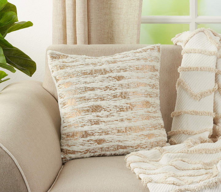 Faux Fur With Brushed Metallic Foil Print Down Filled Throw Pillow