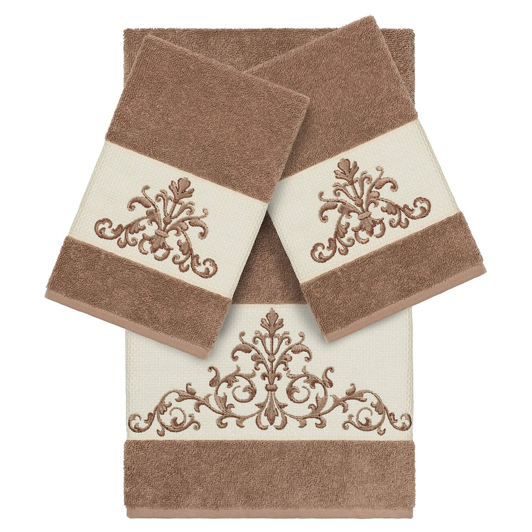 Latte Brown Turkish Cotton Scrollwork Embroidered 3 Piece Towel Set