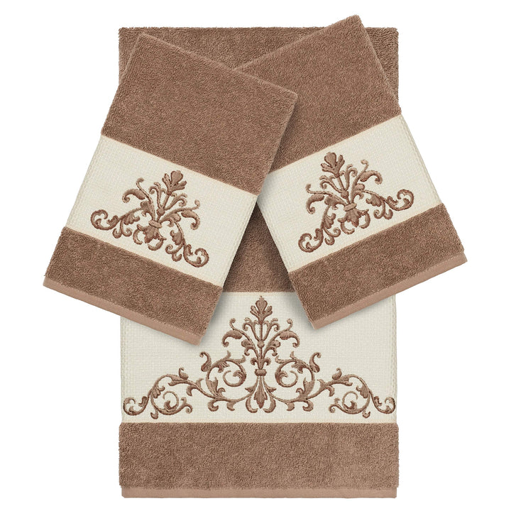 Latte Brown Turkish Cotton Scrollwork Embroidered 3 Piece Towel Set